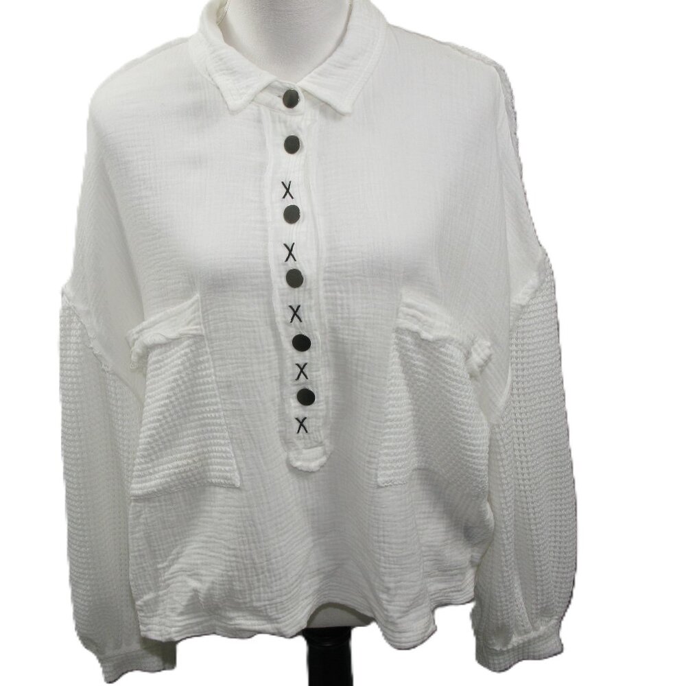 Pol White Multi-Media Button Front Oversized Blou… - image 1